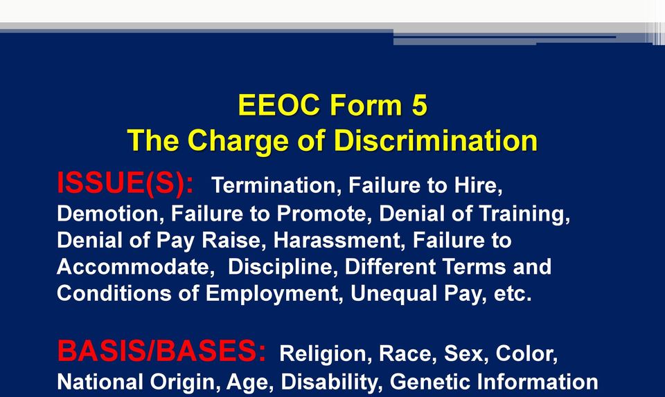 Failure to Accommodate, Discipline, Different Terms and Conditions of Employment, Unequal