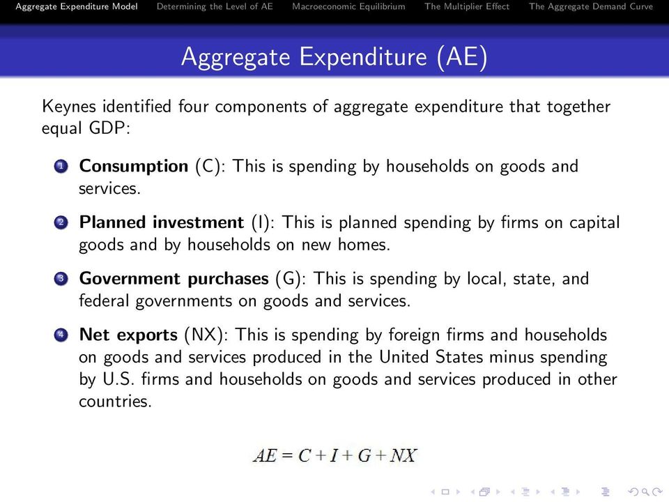 3 Government purchases (G): This is spending by local, state, and federal governments on goods and services.