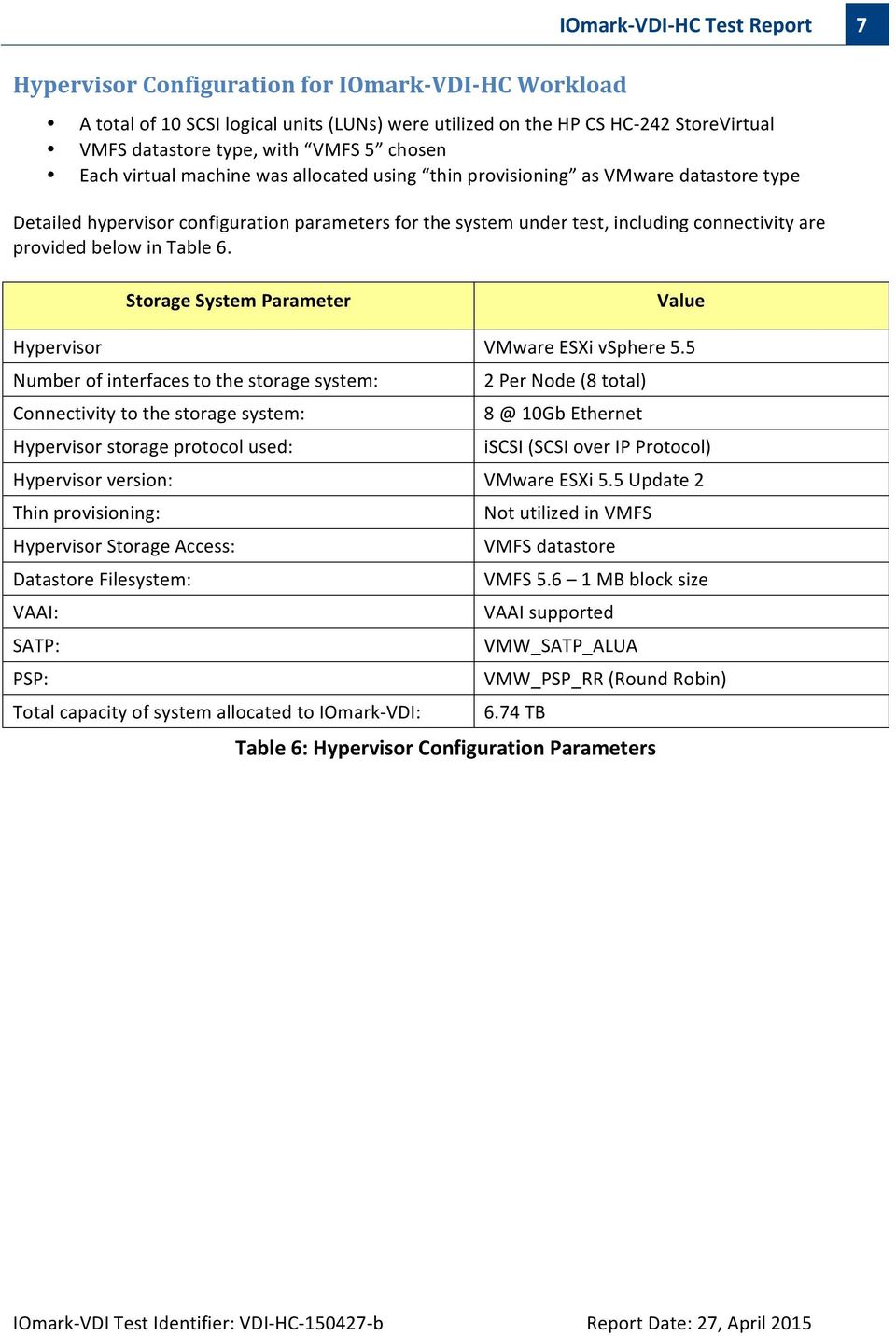 provided below in Table 6. Storage System Parameter Value Hypervisor VMware ESXi vsphere 5.