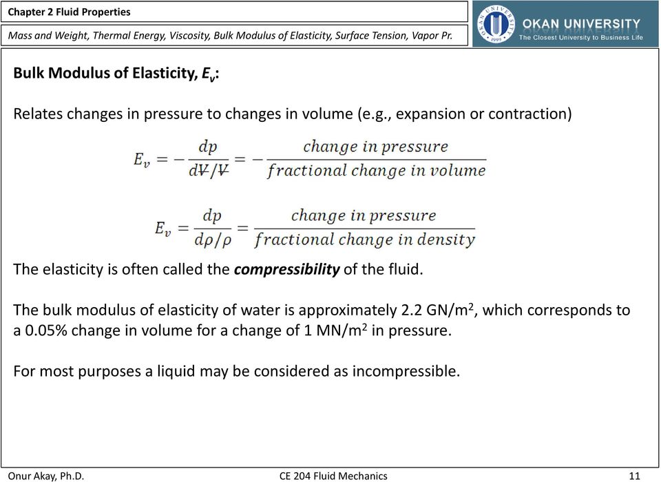 s in volume (e.g., expansion or contraction) The elasticity is often called the compressibility of the fluid.