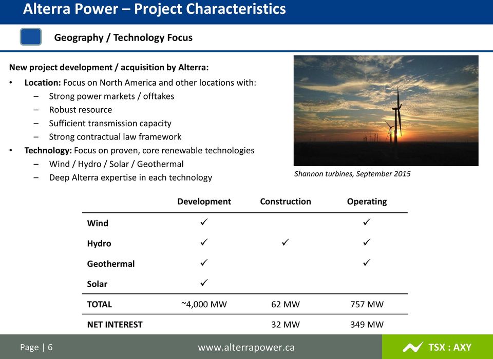framework Technology: Focus on proven, core renewable technologies Wind / Hydro / Solar / Geothermal Deep Alterra expertise in each technology