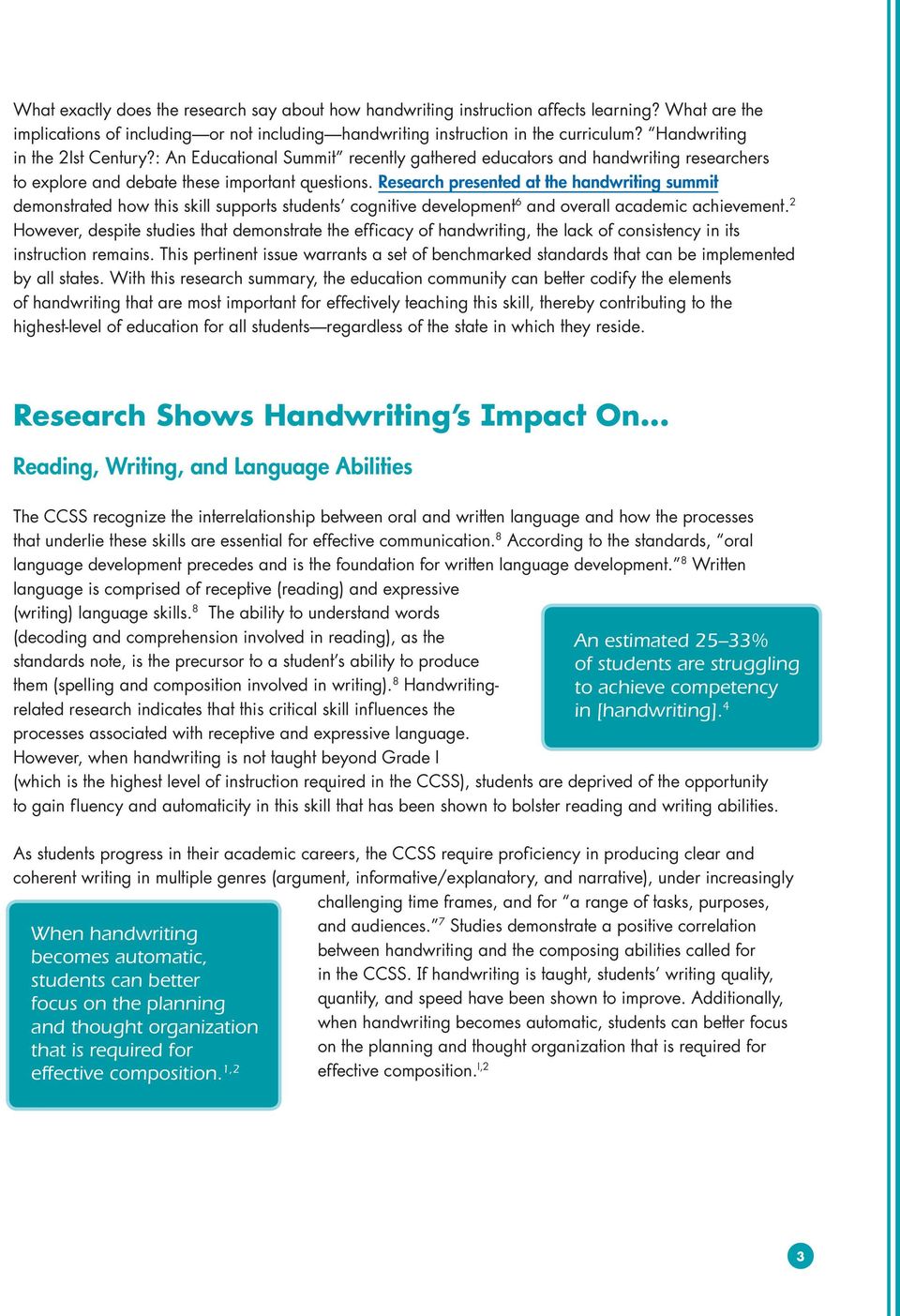 Research presented at the handwriting summit demonstrated how this skill supports students cognitive development 6 and overall academic achievement.
