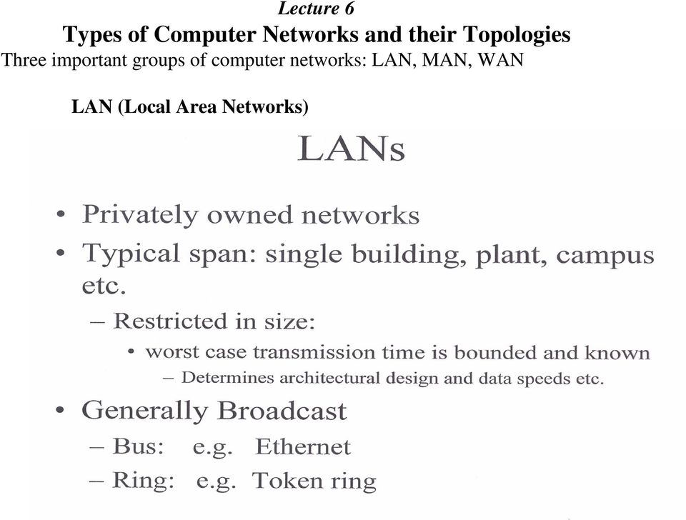 networks: LAN, MAN, WAN LAN (Local Area