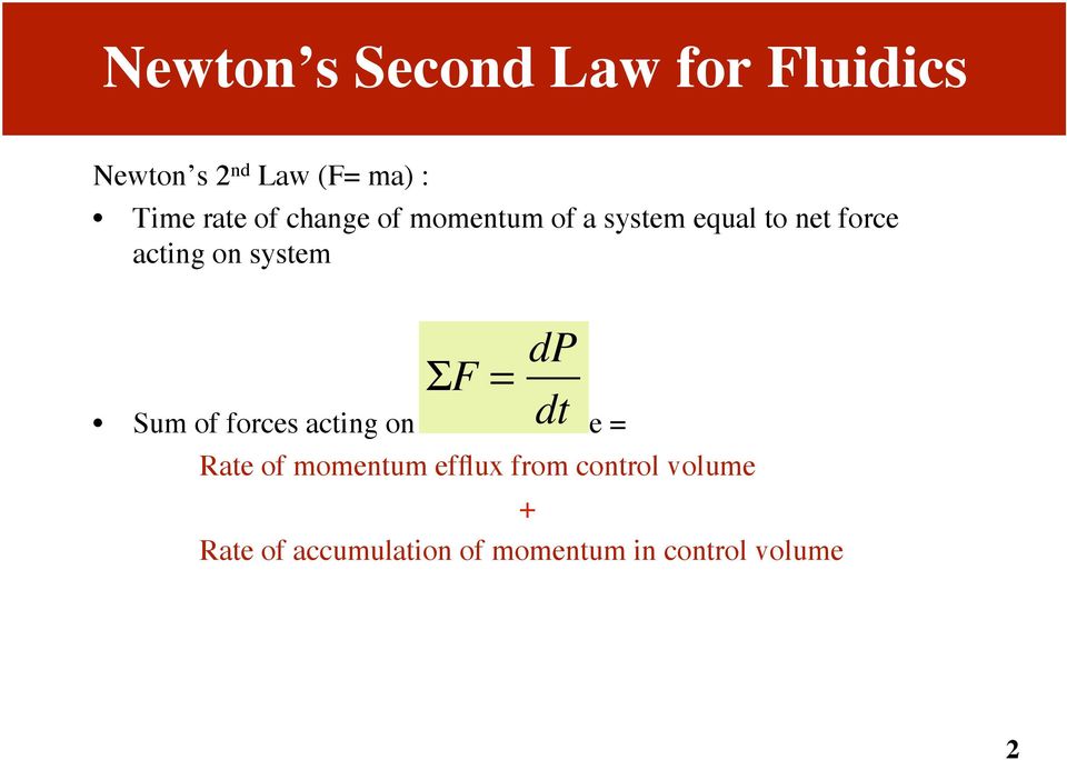 f = dp dt Sum of forces acting on control volume = Rate of momentum