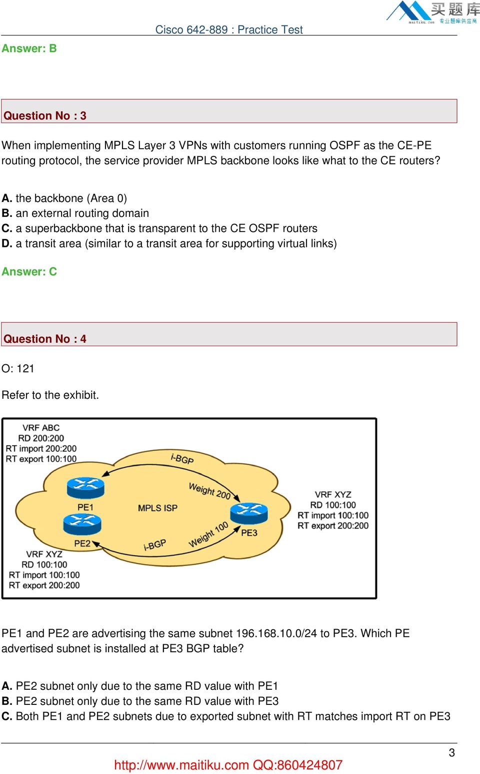 a transit area (similar to a transit area for supporting virtual links) Answer: C Question No : 4 O: 121 Refer to the exhibit. PE1 and PE2 are advertising the same subnet 196.168.10.0/24 to PE3.