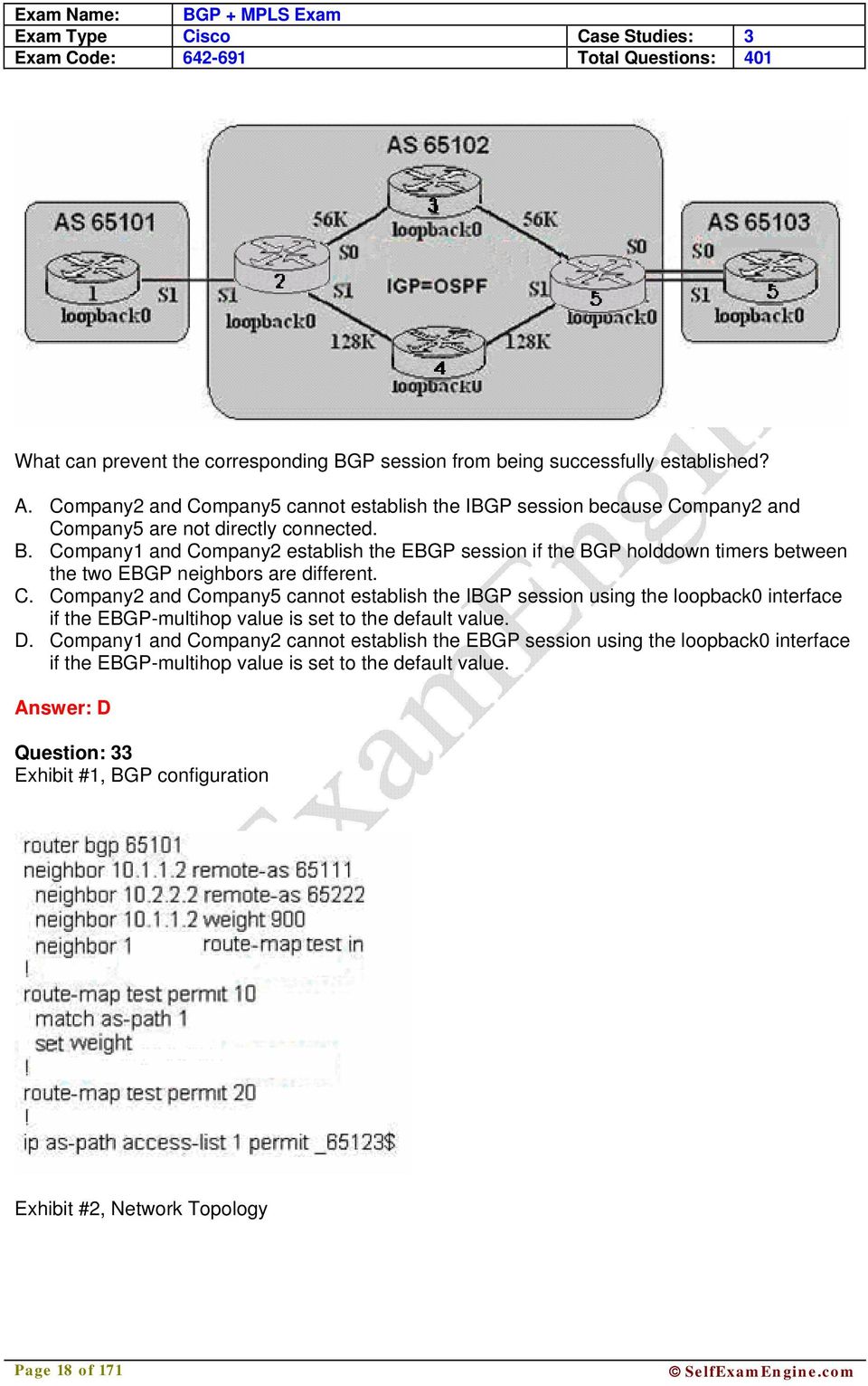 Company1 and Company2 establish the EBGP session if the BGP holddown timers between the two EBGP neighbors are different. C. Company2 and Company5 cannot establish the IBGP session using the loopback0 interface if the EBGP-multihop value is set to the default value.