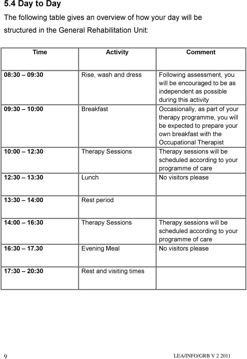 your own breakfast with the Occupational Therapist 10:00 12:30 Therapy Sessions Therapy sessions will be scheduled according to your programme of care 12:30 13:30 Lunch No visitors please 13:30
