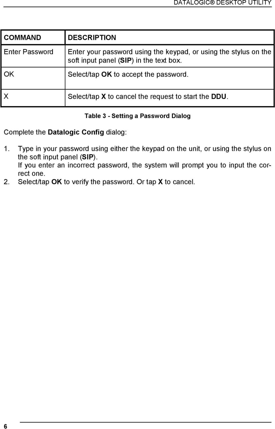 Complete the Datalogic Config dialog: Table 3 - Setting a Password Dialog 1.