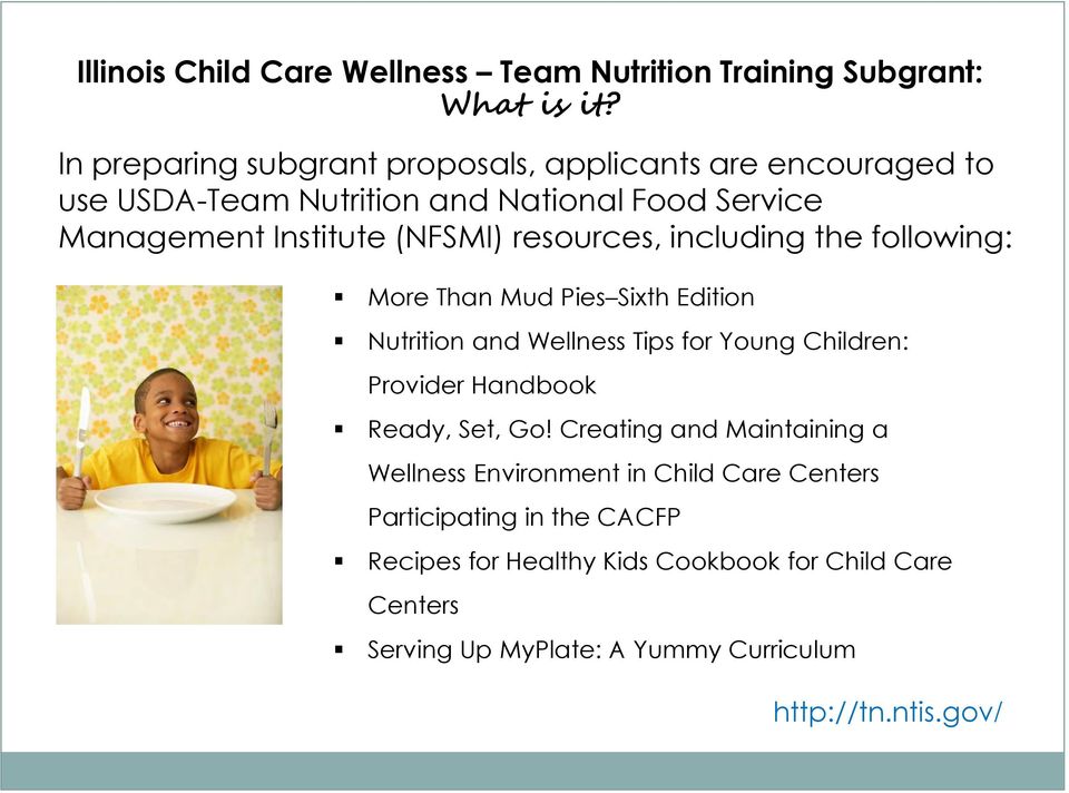 Institute (NFSMI) resources, including the following: More Than Mud Pies Sixth Edition Nutrition and Wellness Tips for Young