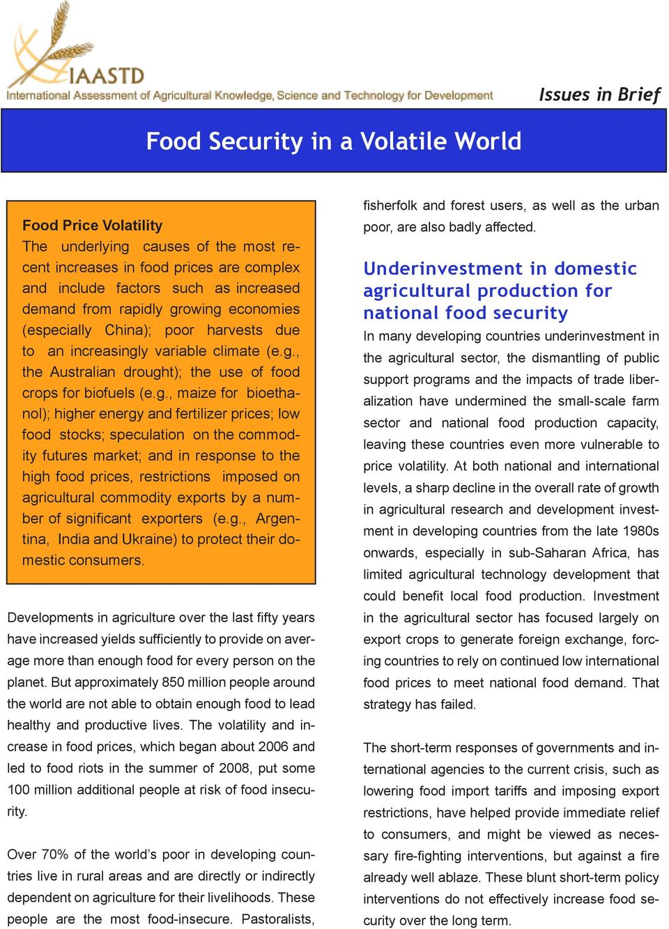 The volatility and increase in food prices, which began about 2006 and led to food riots in the summer of 2008, put some 100 million additional people at risk of food insecurity.