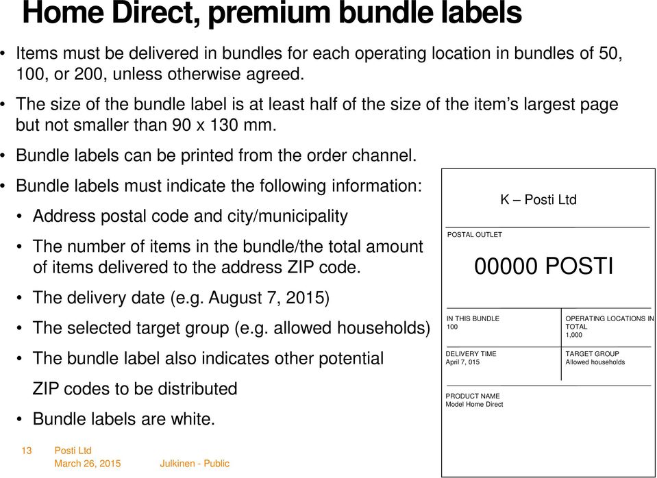 Bundle labels must indicate the following information: Address postal code and city/municipality The number of items in the bundle/the total amount of items delivered to the address ZIP code.