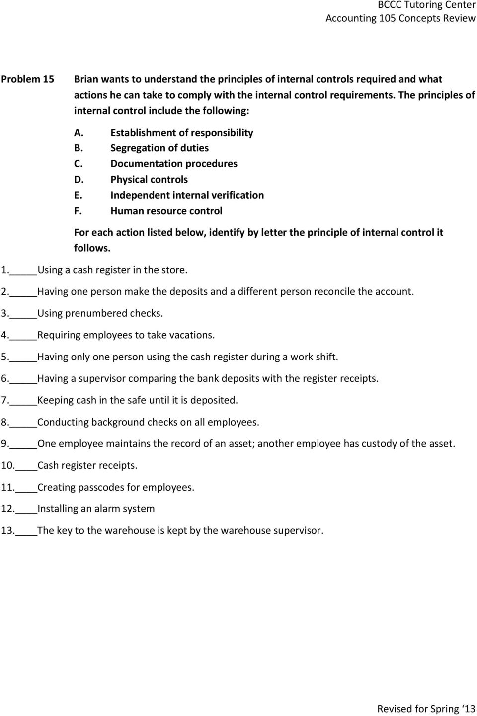 Independent internal verification F. Human resource control For each action listed below, identify by letter the principle of internal control it follows. 1. Using a cash register in the store. 2.