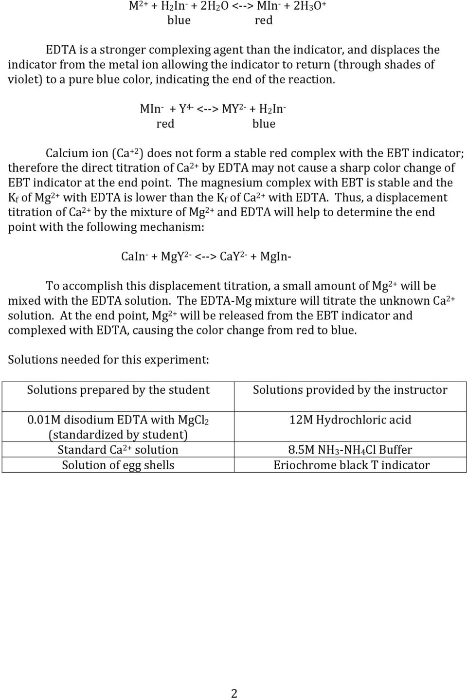 MIn - + Y 4- <- - > MY 2- + H2In - red blue Calcium ion (Ca +2 ) does not form a stable red complex with the EBT indicator; therefore the direct titration of Ca 2+ by EDTA may not cause a sharp color