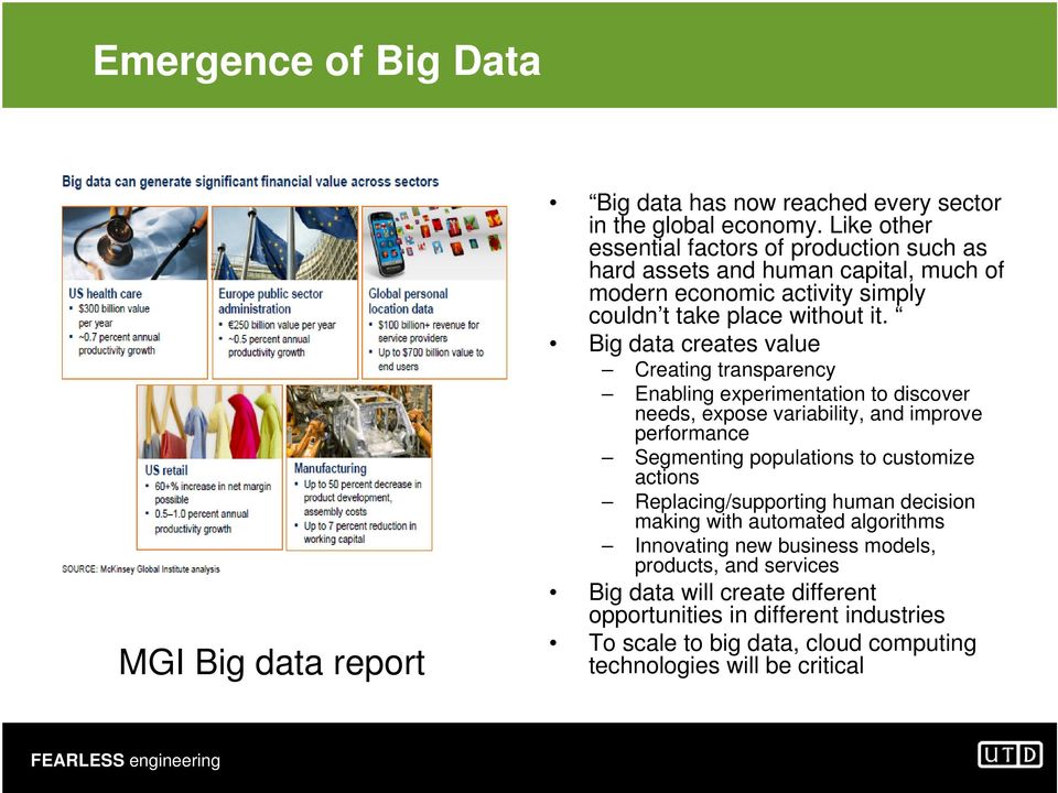 Big data creates value Creating transparency Enabling experimentation to discover needs, expose variability, and improve performance Segmenting populations to customize