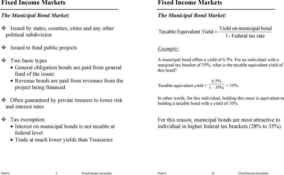 taxable at federal level Trade at much lower yields than Treasuries The Municipal Bond Market: Taxable Equivalent Yield = Example: Yield on municipal bond 1- Federal tax rate A municipal bond offers