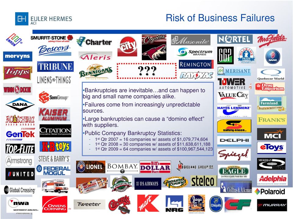 Large bankruptcies can cause a domino effect with suppliers.