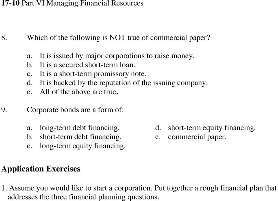 long-term debt financing. d. short-term equity financing. b. short-term debt financing. e. commercial paper. c. long-term equity financing. Application Exercises 1.