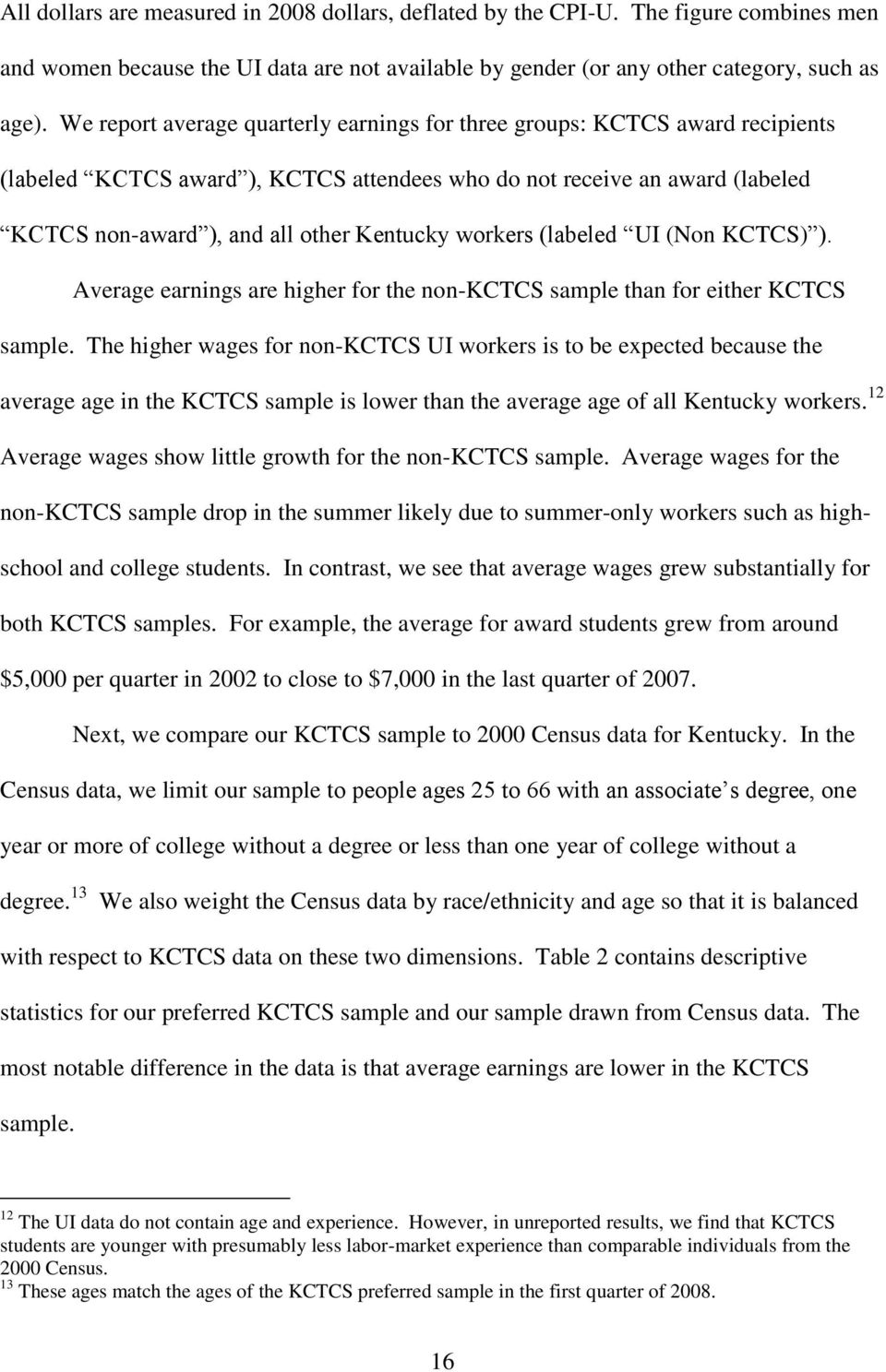 workers (labeled UI (Non KCTCS) ). Average earnings are higher for the non-kctcs sample than for either KCTCS sample.