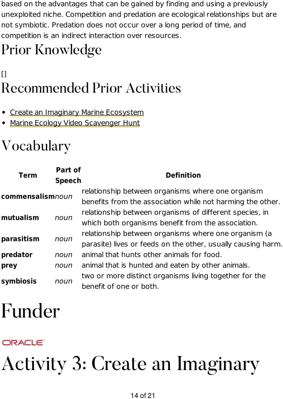 Prior Knowledge [] Recommended Prior Activities Create an Imaginary Marine Ecosystem Marine Ecology Video Scavenger Hunt Vocabulary Term Part of Speech Definition commensalismnoun relationship