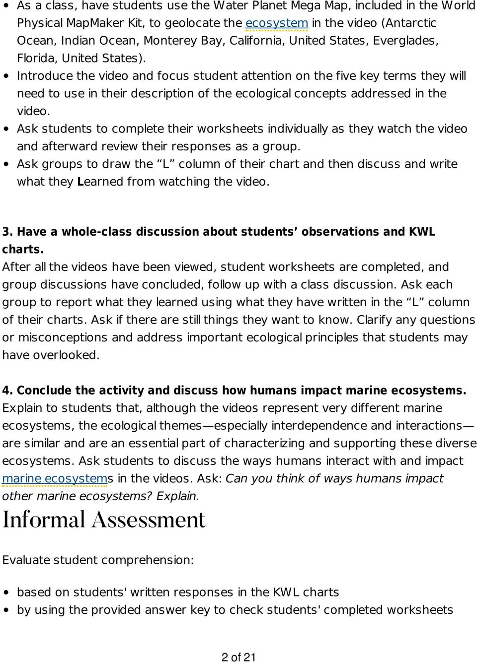 Introduce the video and focus student attention on the five key terms they will need to use in their description of the ecological concepts addressed in the video.