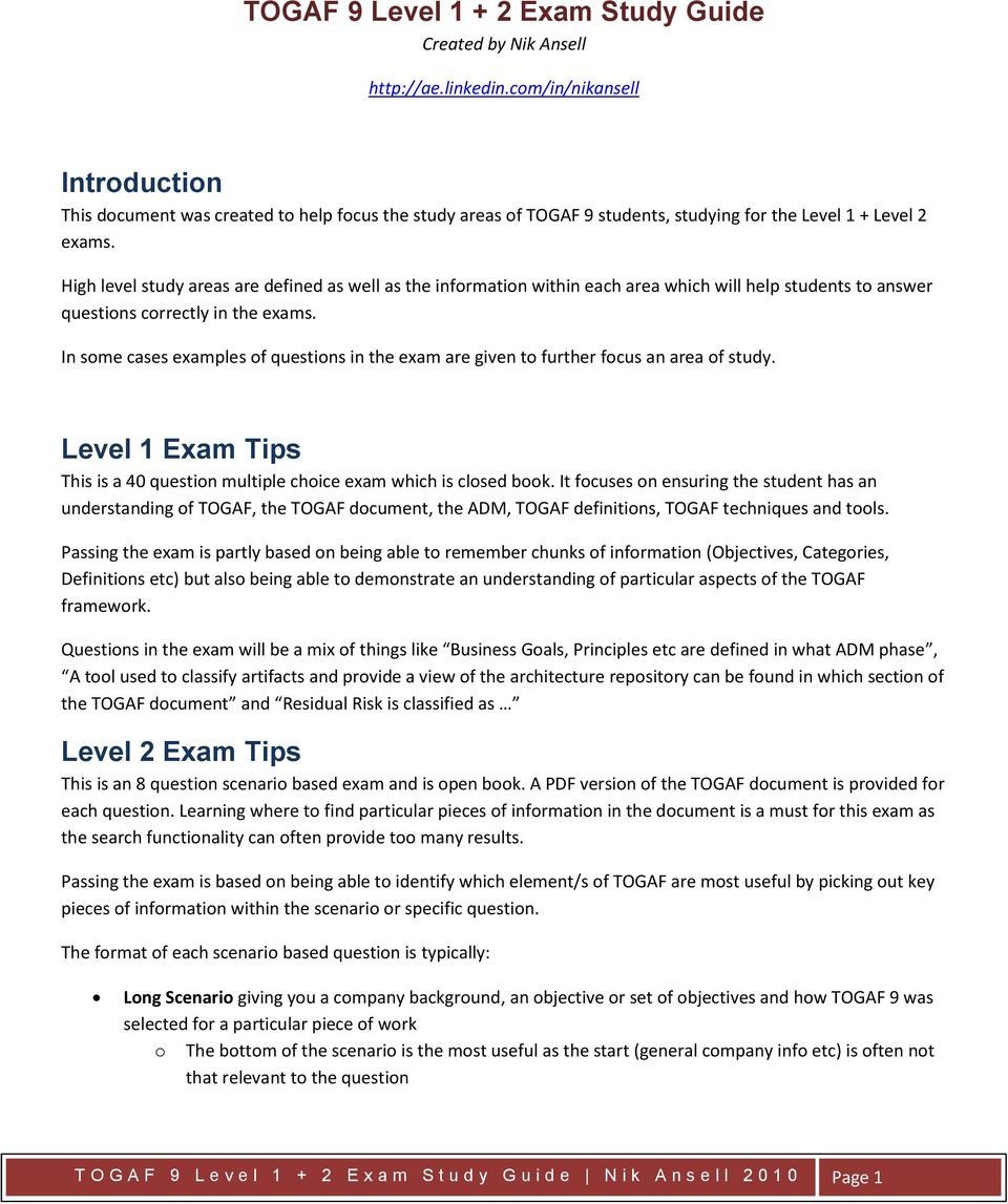 High level study areas are defined as well as the information within each area which will help students to answer questions correctly in the exams.