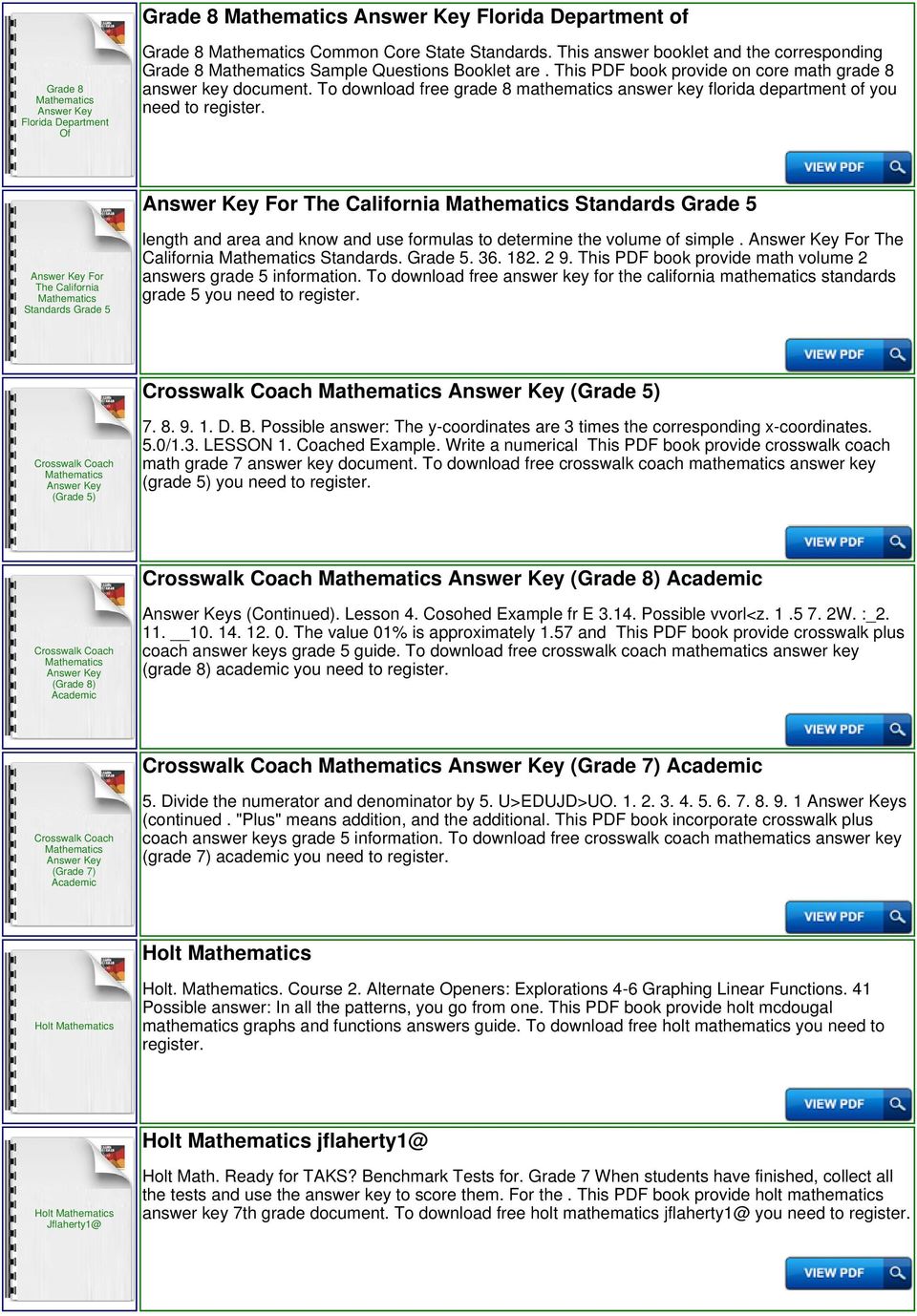 To download free grade 8 mathematics answer key florida department of you need to For The California Standards 5 For The California Standards 5 length and area and know and use formulas to determine