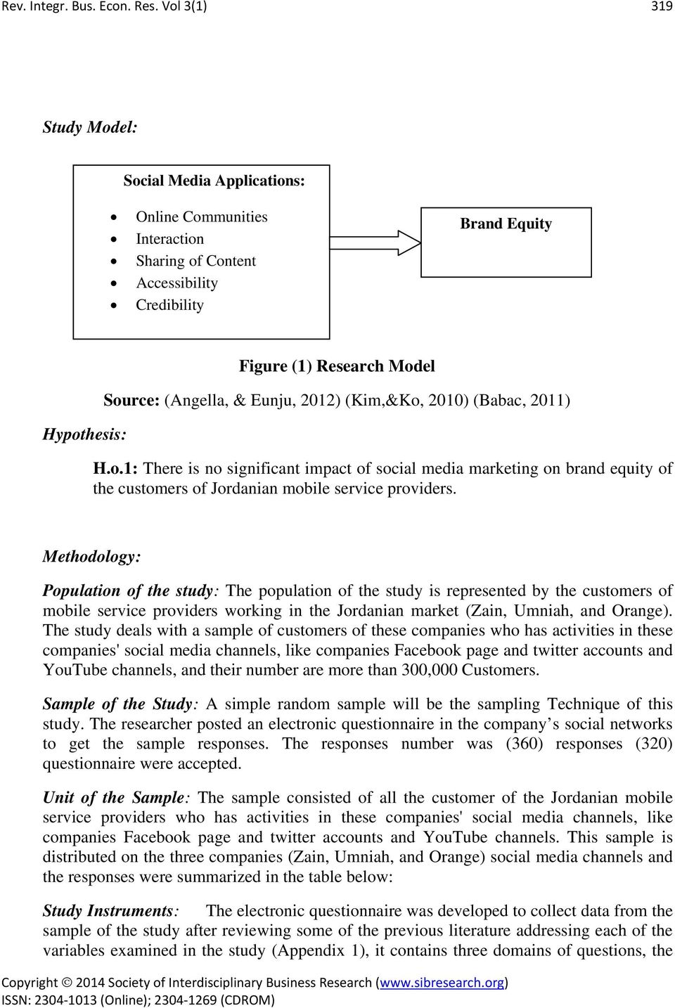 Eunju, 2012) (Kim,&Ko, 2010) (Babac, 2011) H.o.1: There is no significant impact of social media marketing on brand equity of the customers of Jordanian mobile service providers.