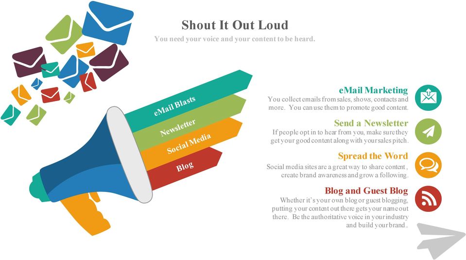 Send a Newsletter If people opt in to hear from you, make sure they get your good content along with your sales pitch.