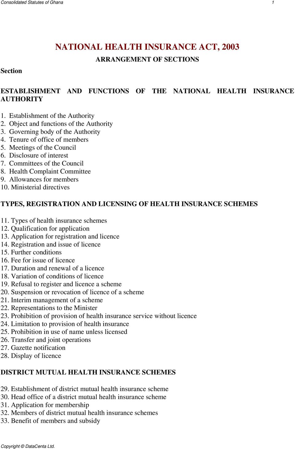 Committees of the Council 8. Health Complaint Committee 9. Allowances for members 10. Ministerial directives TYPES, REGISTRATION AND LICENSING OF HEALTH INSURANCE SCHEMES 11.