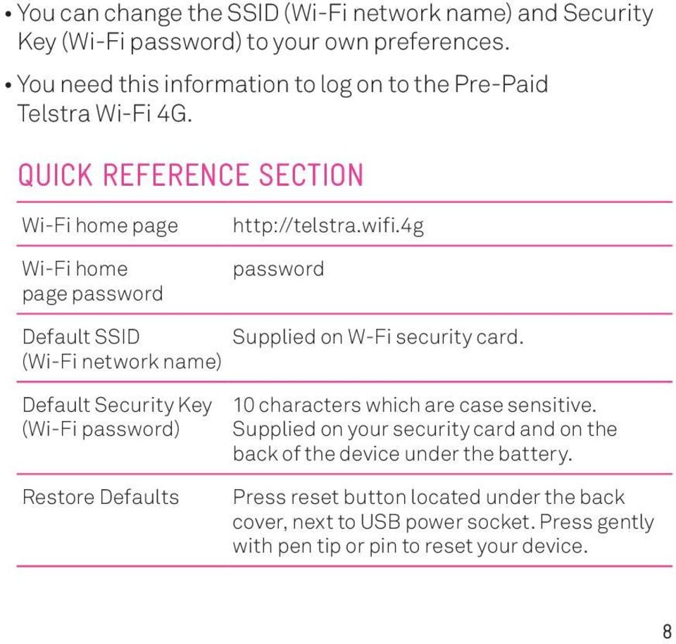 4g password Default SSID Supplied on W-Fi security card.