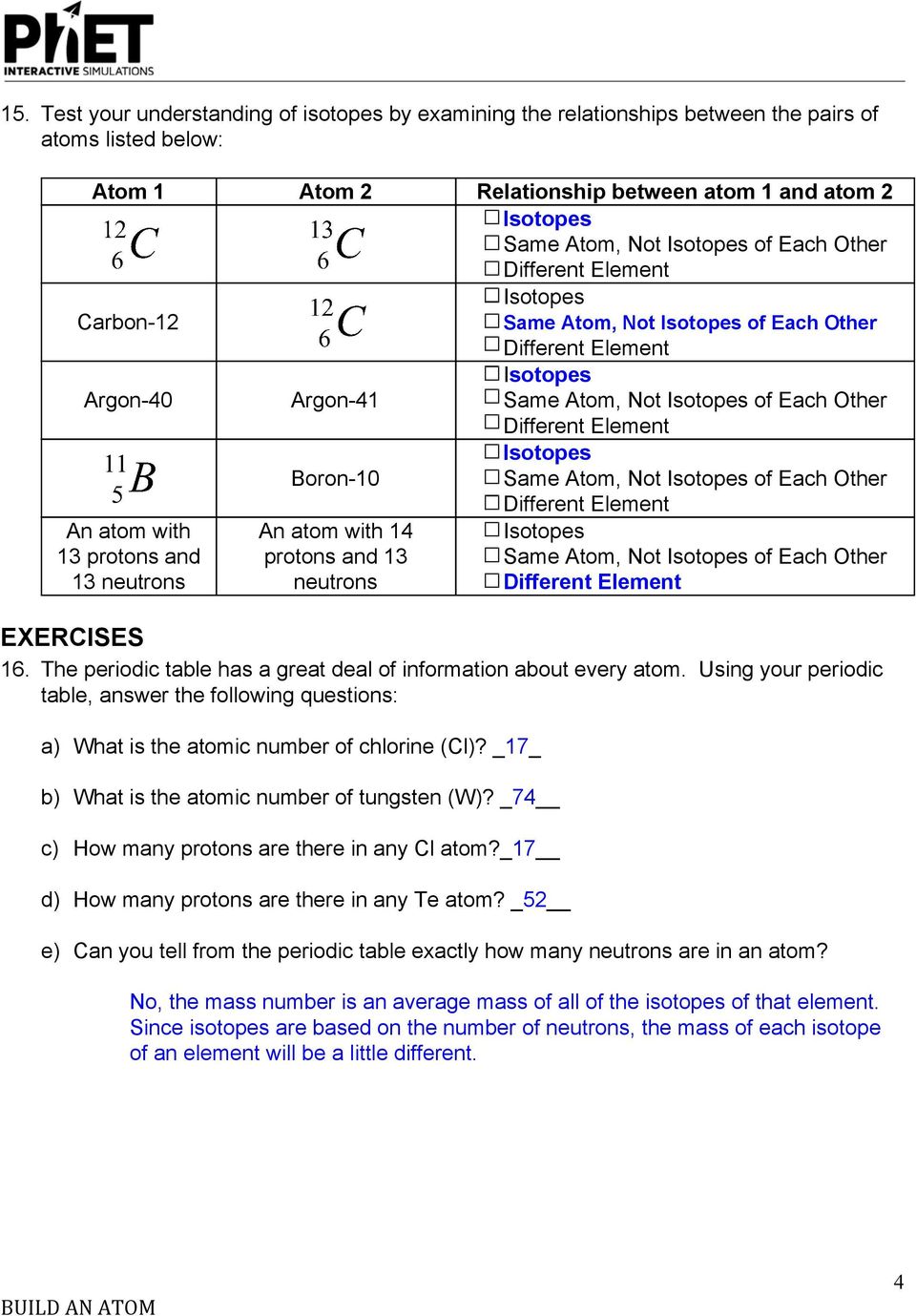 ANSWER KEY : BUILD AN ATOM PART I: ATOM SCREEN Build an Atom Intended For Atoms And Isotopes Worksheet Answers