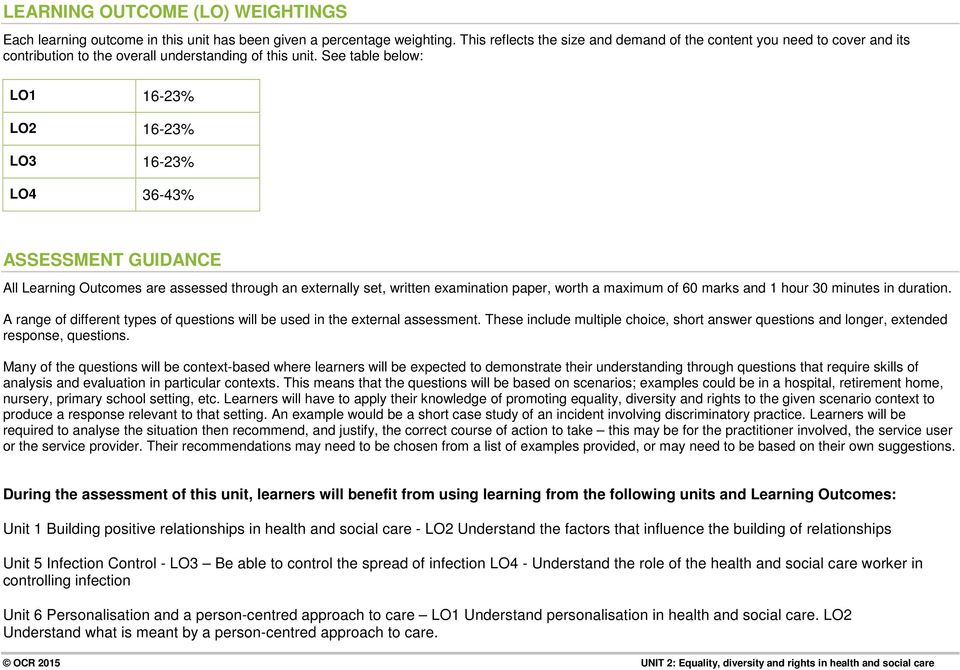 See table below: LO1 16-23% LO2 16-23% LO3 16-23% LO4 36-43% ASSESSMENT GUIDANCE All Learning Outcomes are assessed through an externally set, written examination paper, worth a maximum of 60 marks