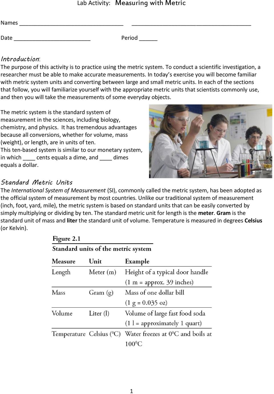 Lab Activity: Measuring with Metric. Introduction: Standard Metric With Metrics And Measurement Worksheet Answers