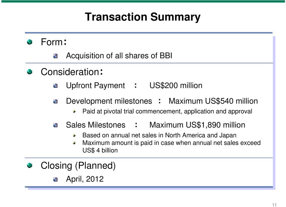 and approval Sales Milestones : Closing (Planned) Maximum US$1,890 million Based on annual net sales in