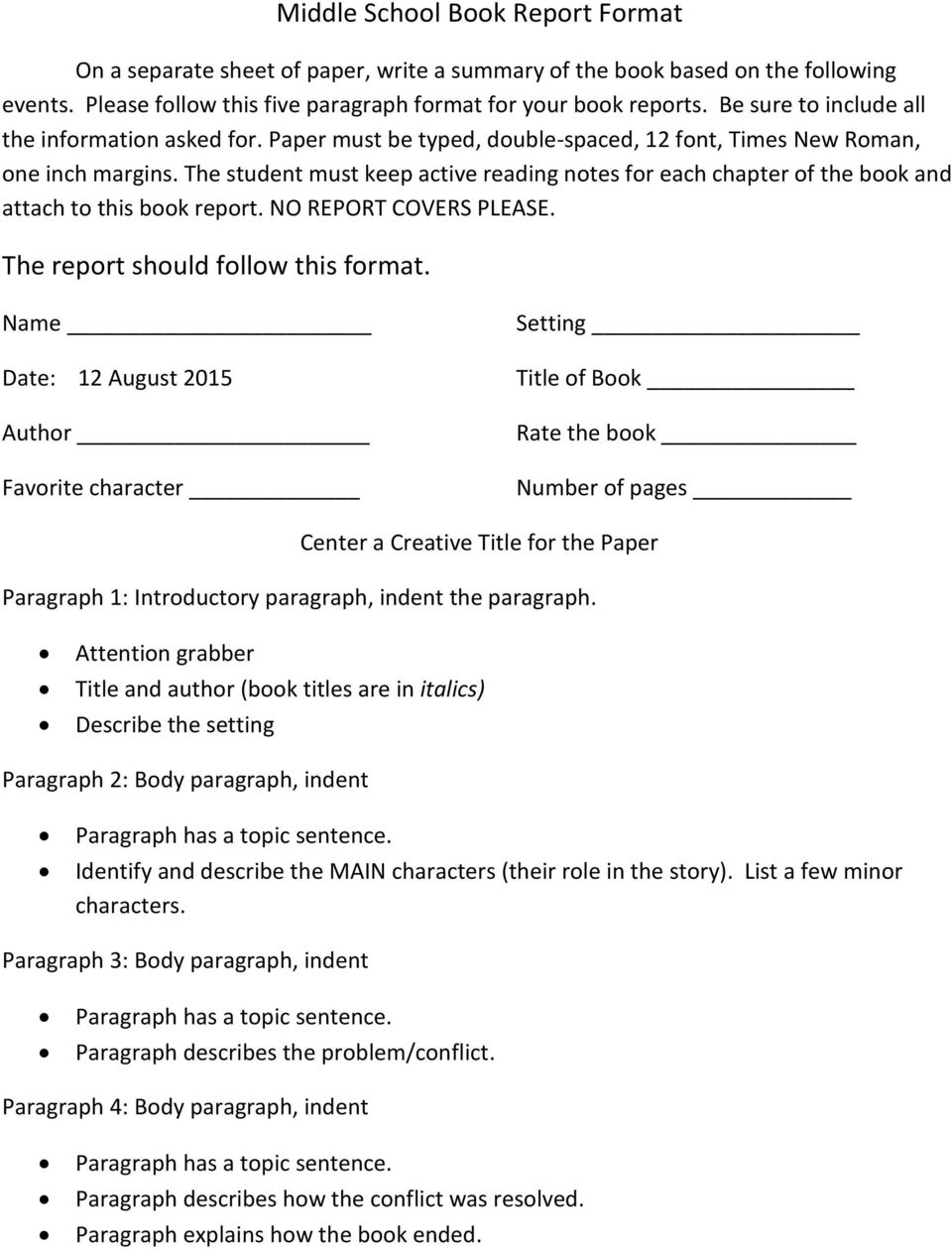 book report for middle school students