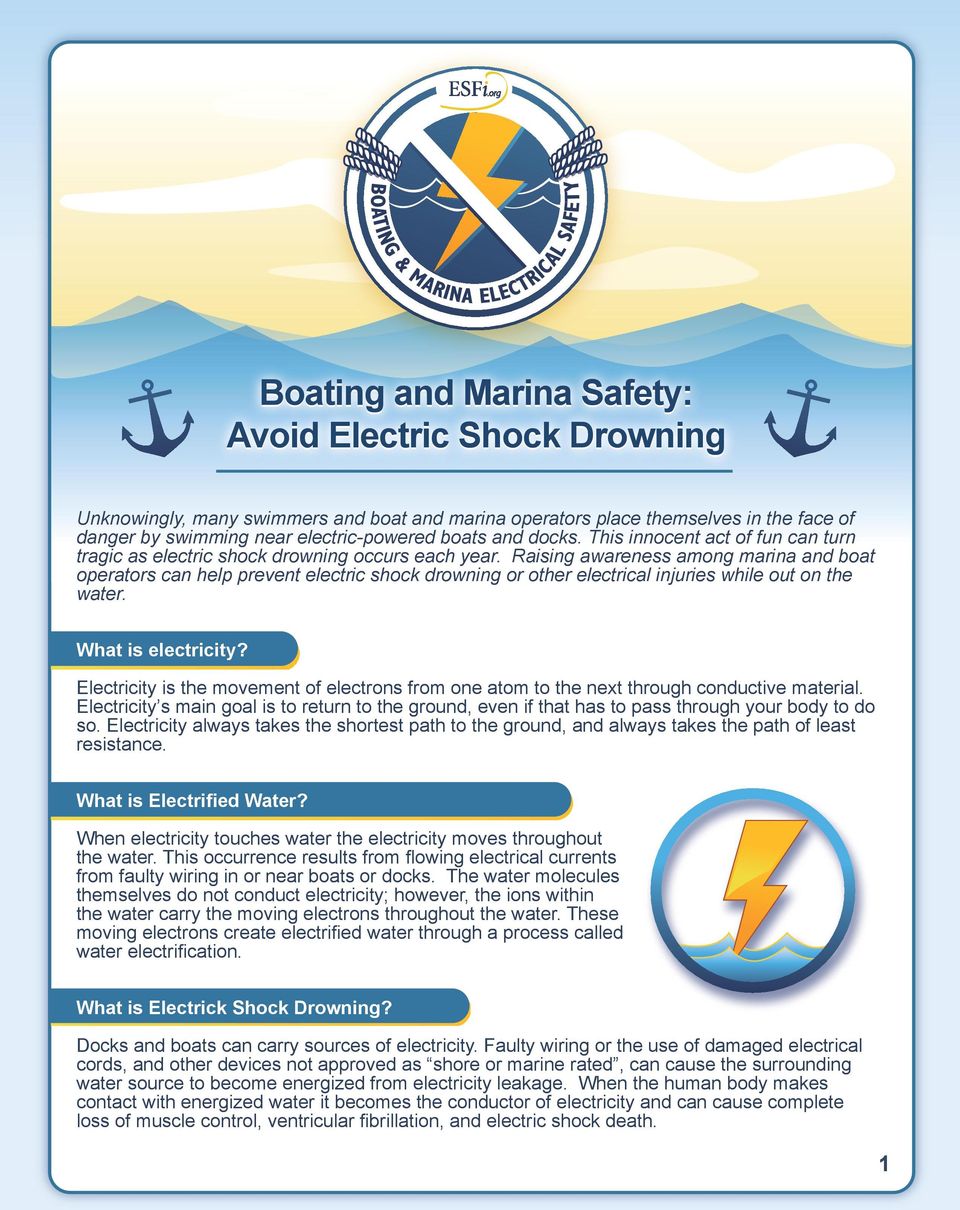 Raising awareness among marina and boat operators can help prevent electric shock drowning or other electrical injuries while out on the water. What is electricity?