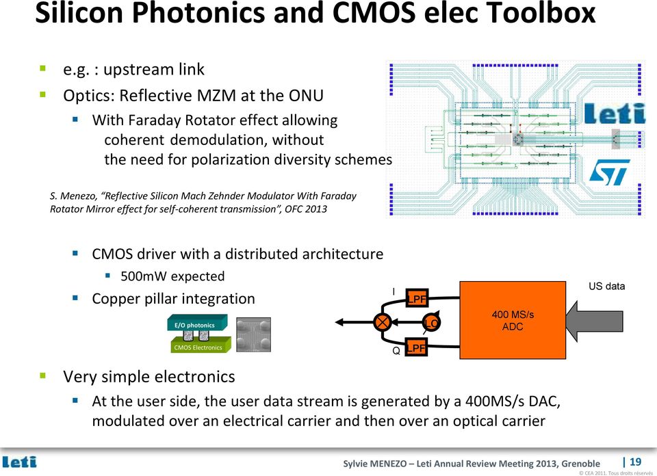 Menezo, Reflective Silicon Mach Zehnder Modulator With Faraday Rotator Mirror effect for self-coherent transmission, OFC 2013 CMOS driver with a distributed architecture