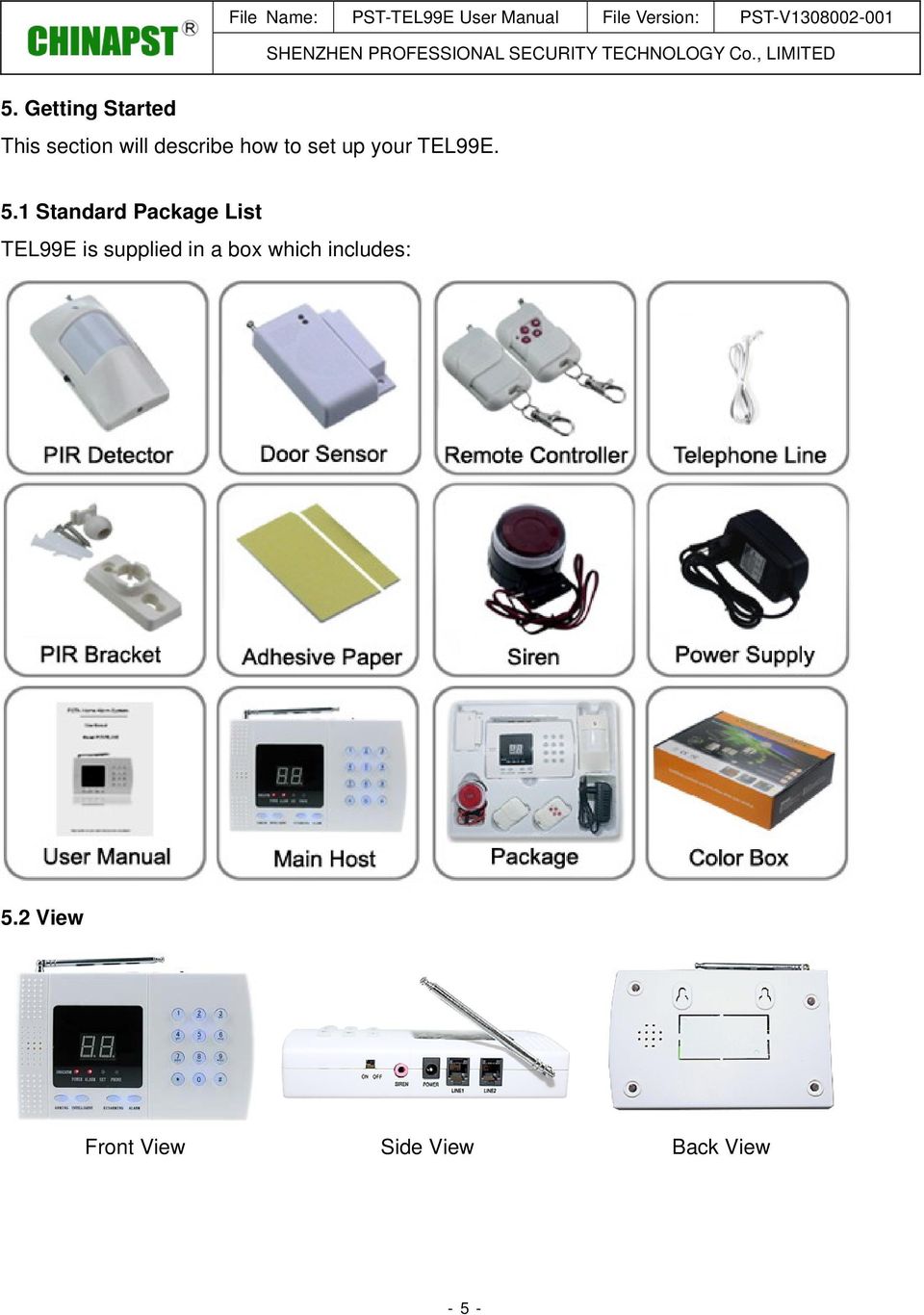 1 Standard Package List TEL99E is supplied in