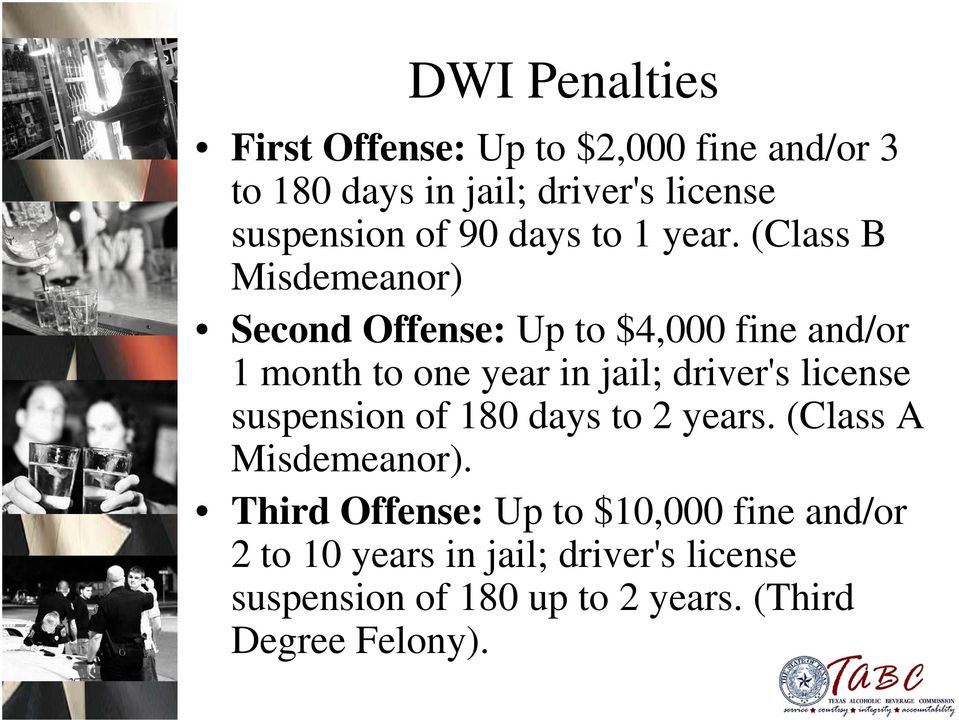 (Class B Misdemeanor) Second Offense: Up to $4,000 fine and/or 1 month to one year in jail; driver's