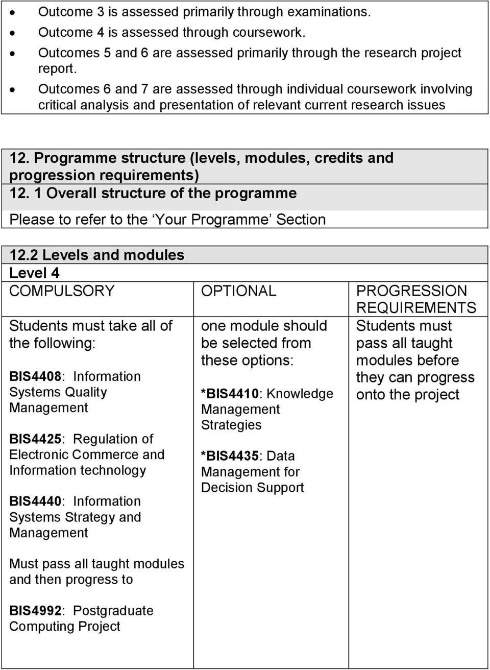 Programme structure (levels, modules, credits and progression requirements) 12. 1 Overall structure of the programme Please to refer to the Your Programme Section 12.