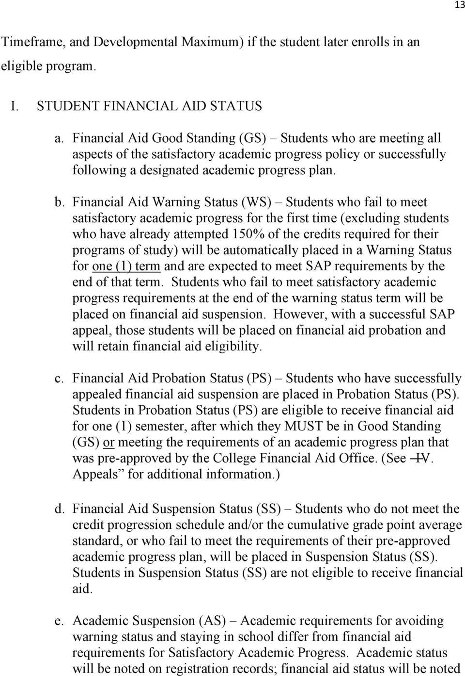 Financial Aid Warning Status (WS) Students who fail to meet satisfactory academic progress for the first time (excluding students who have already attempted 150% of the credits required for their