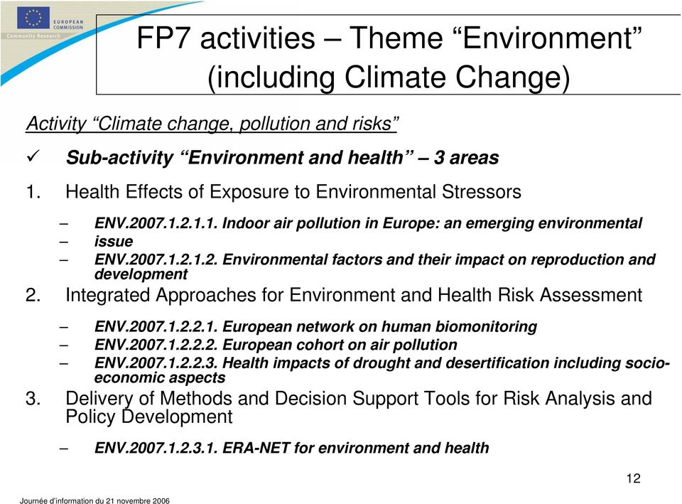 Integrated Approaches for Environment and Health Risk Assessment ENV.2007.1.2.2.1. European network on human biomonitoring ENV.2007.1.2.2.2. European cohort on air pollution ENV.2007.1.2.2.3.