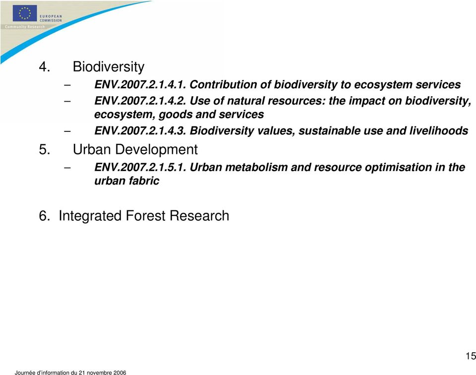 2007.2.1.4.3. Biodiversity values, sustainable use and livelihoods 5. Urban Development ENV.2007.2.1.5.1. Urban metabolism and resource optimisation in the urban fabric 6.