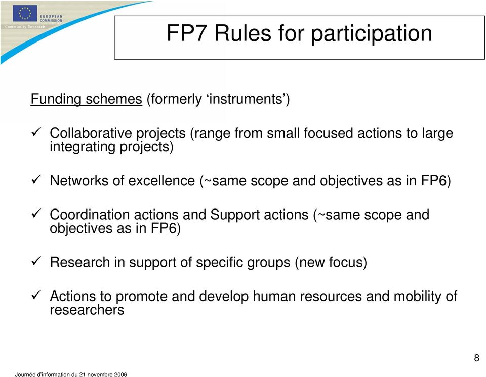 in FP6) Coordination actions and Support actions (~same scope and objectives as in FP6) Research in
