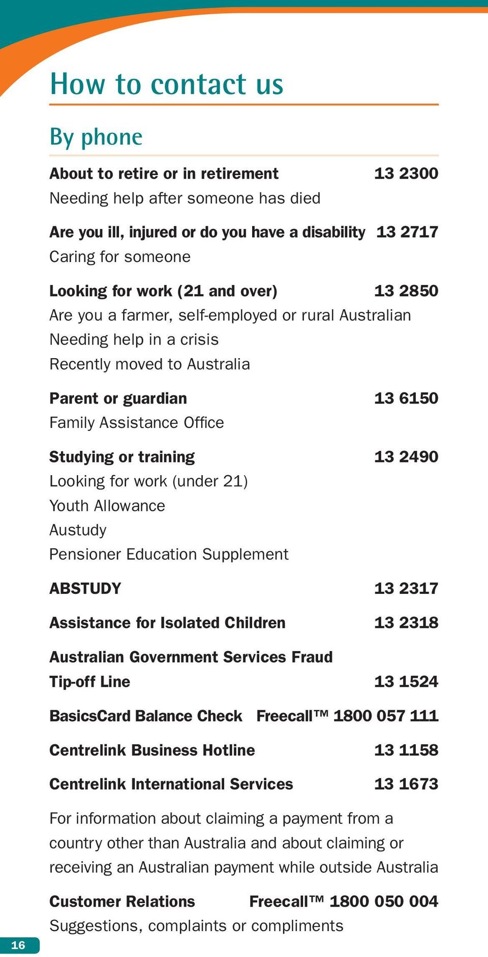 training 13 2490 Looking for work (under 21) Youth Allowance Austudy Pensioner Education Supplement ABSTUDY 13 2317 Assistance for Isolated Children 13 2318 Australian Government Services Fraud