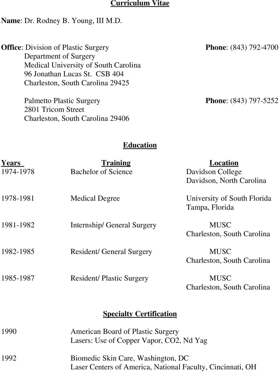 1978-1981 Medical Degree University of South Florida Tampa, Florida 1981-1982 Internship/ General Surgery MUSC 1982-1985 Resident/ General Surgery MUSC 1985-1987 Resident/ Plastic Surgery MUSC