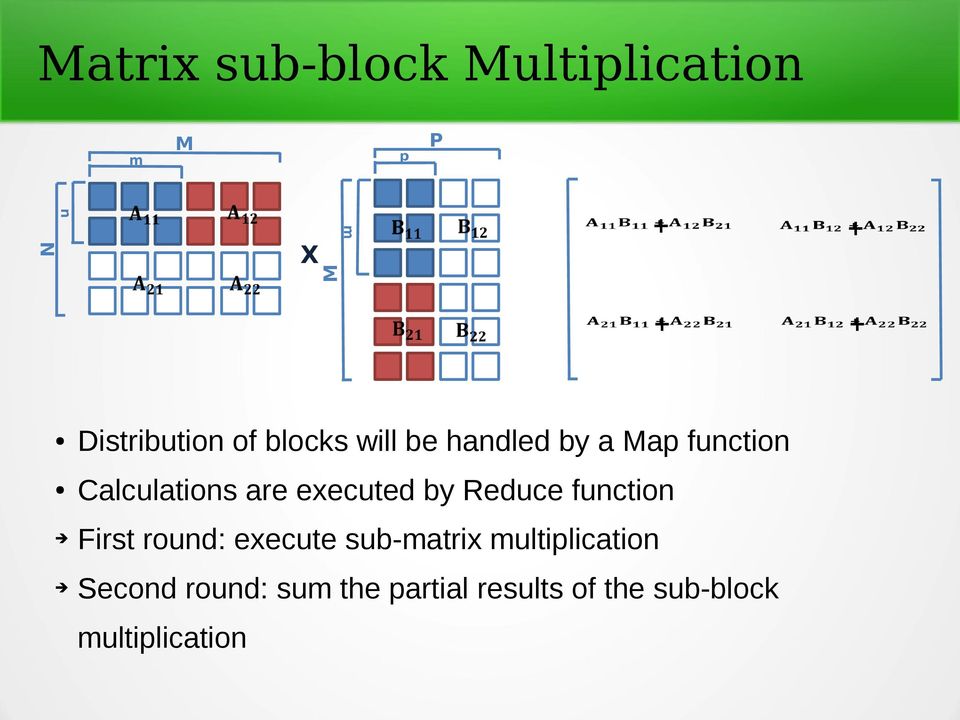 are executed by Reduce function First round: execute sub-matrix