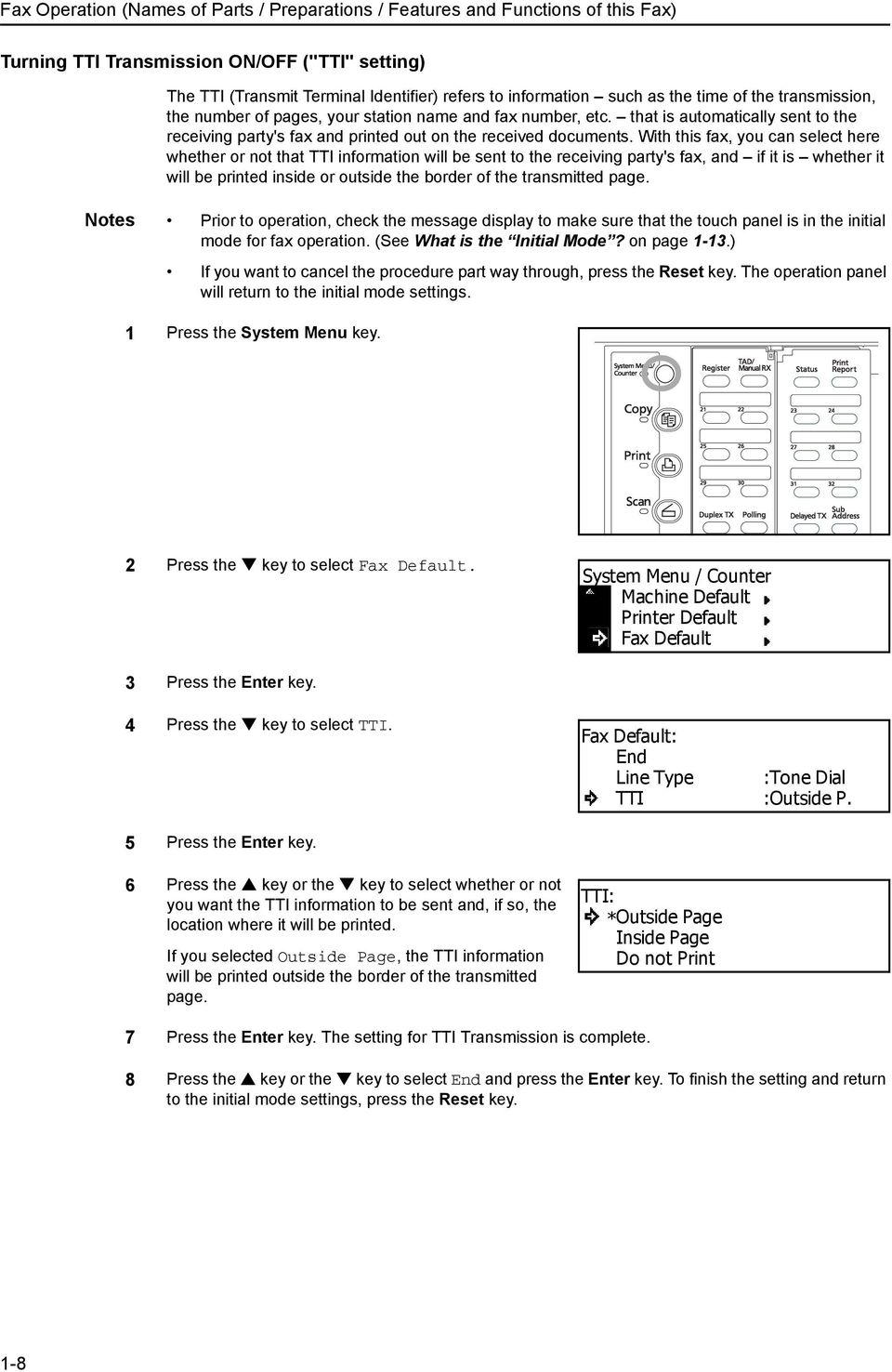 With this fax, you can select here whether or not that TTI information will be sent to the receiving party's fax, and if it is whether it will be printed inside or outside the border of the