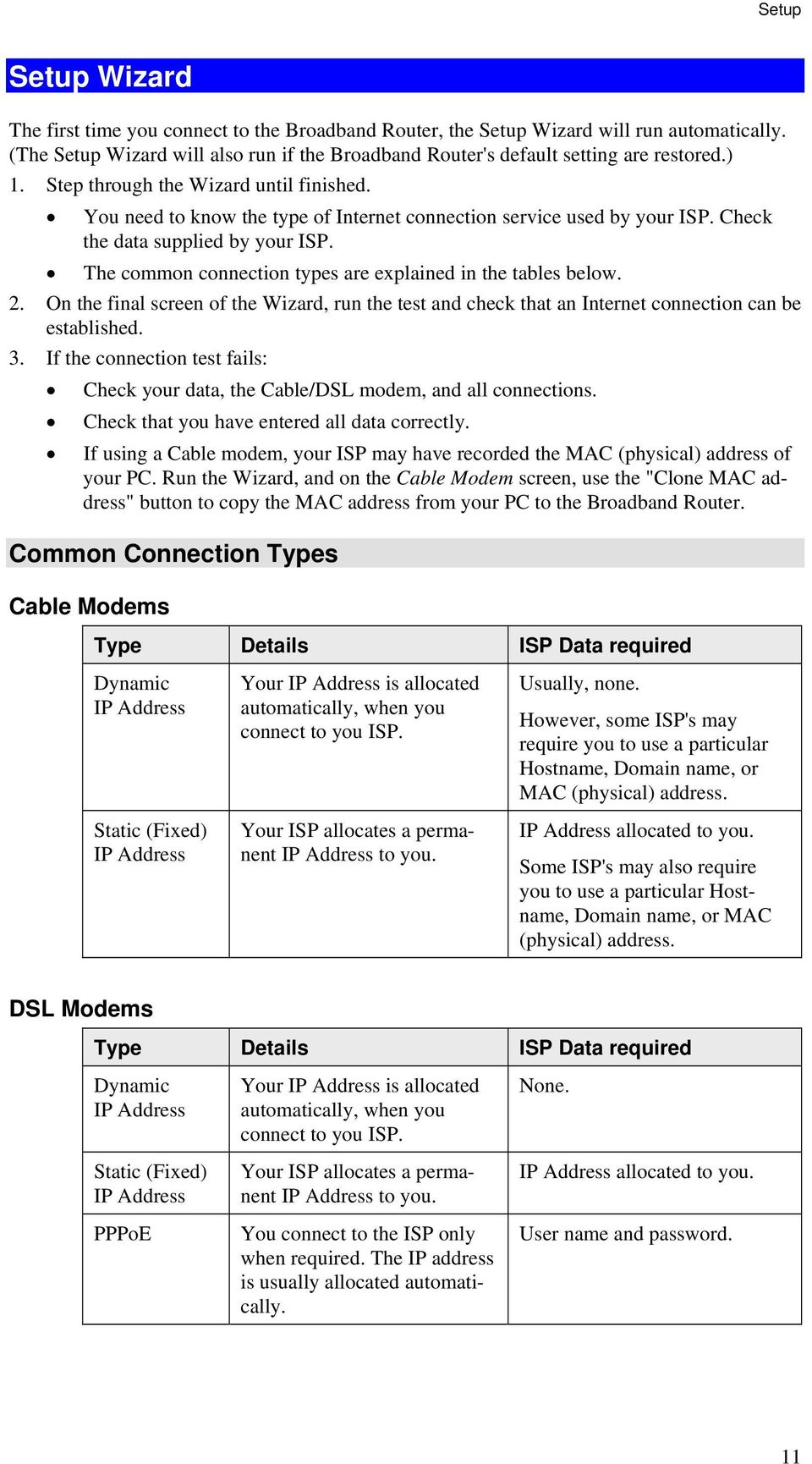 The common connection types are explained in the tables below. 2. On the final screen of the Wizard, run the test and check that an Internet connection can be established. 3.