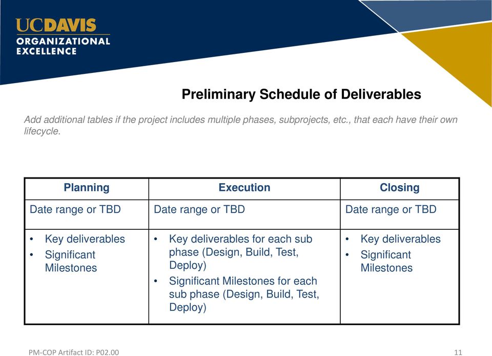 Planning Execution Closing Date range or TBD Date range or TBD Date range or TBD Key deliverables Significant